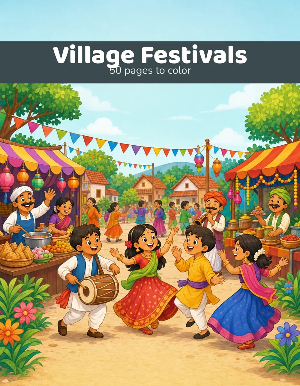 Couverture de livre de coloriage intitulée « Village Festivals »