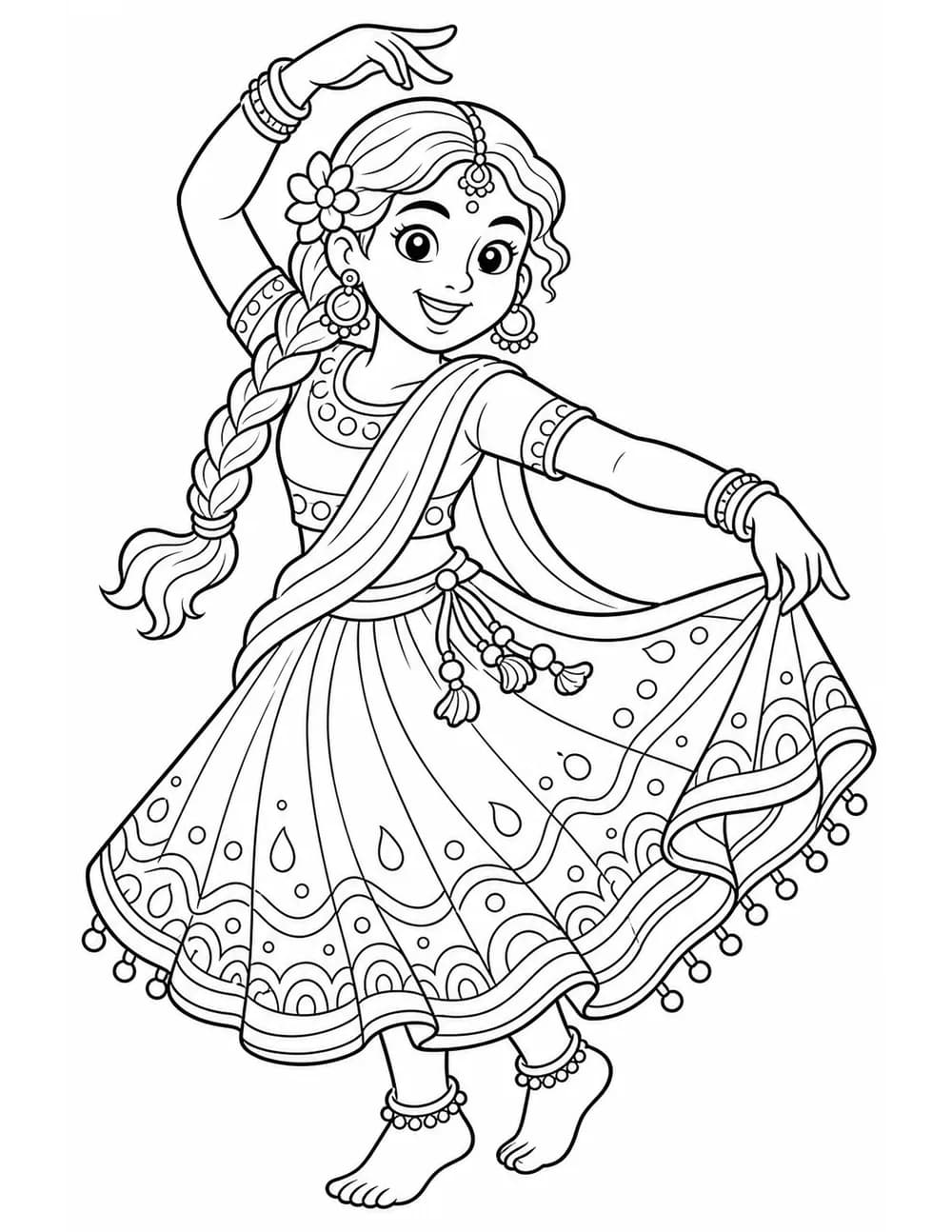 Page de coloriage représentant une danseuse lors d’un festival