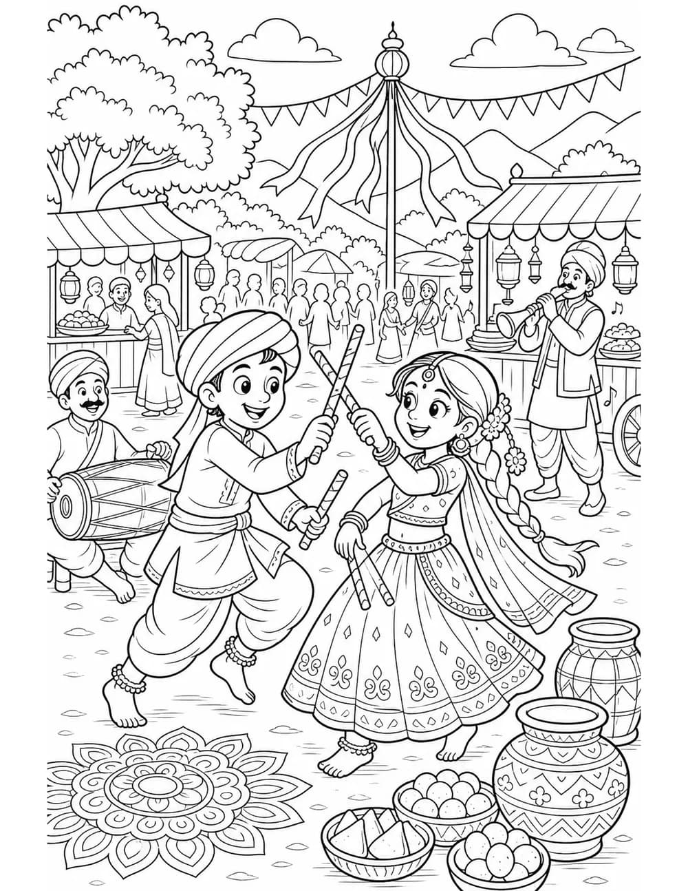 Enfants dansant à une fête à colorier