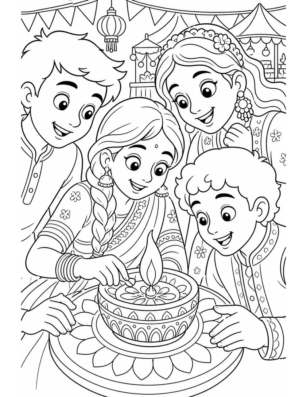 Enfants autour d’une lampe décorée à colorier