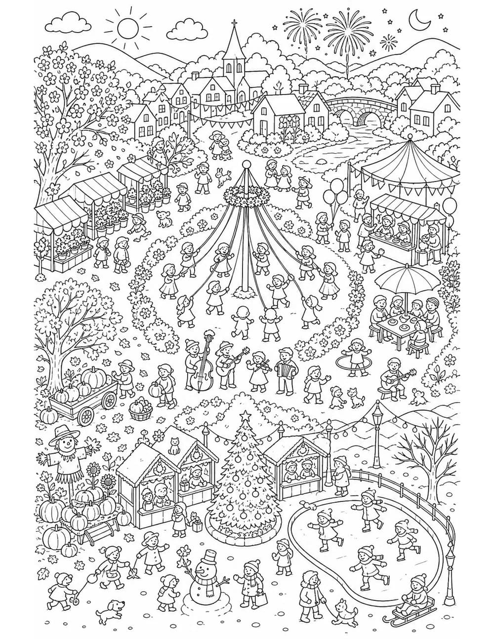 Fête de village détaillée à colorier