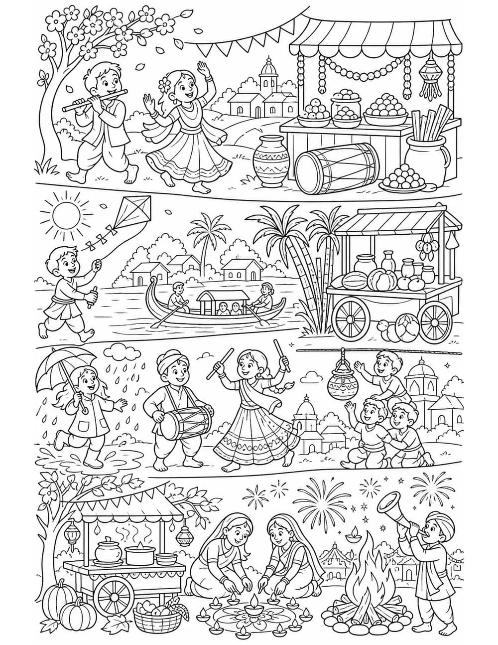 Quatre scènes de festivals saisonniers à colorier